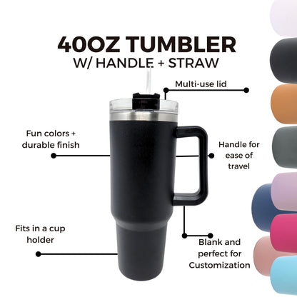 40oz Stainless Tumbler | Includes Straw, Handle, Lid